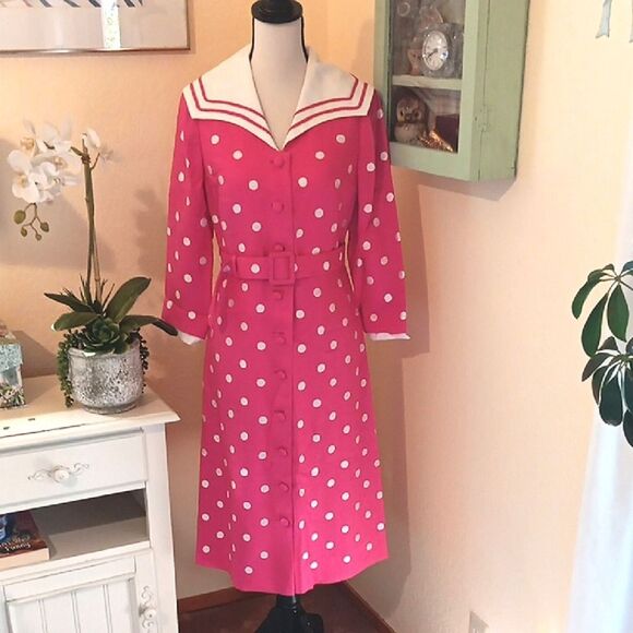 Doreen Lok Pink Polka Dot Dress with White Collar.Vintage. Polka Dot. - Picture 1 of 12